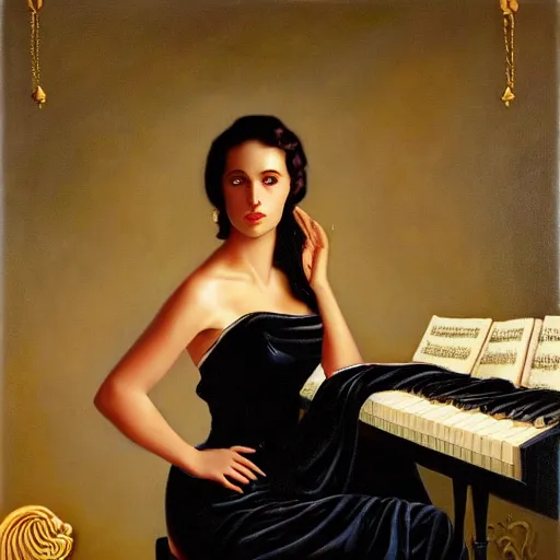 Prompt: woman, dressed in black tie, fowers, dark clouds, stylish, cat play the piano, greg hildebrandt fancy oil painting high quality luxury clothes