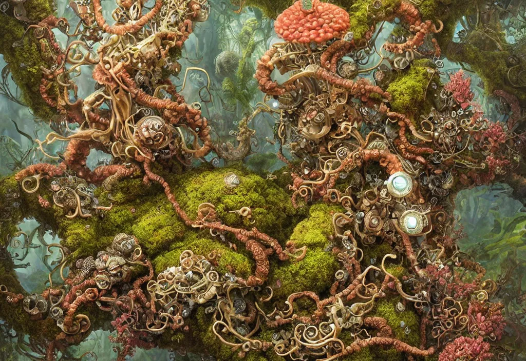 Prompt: illustration and highly detailed render of a strange moss fungus and coral creature, tendrils, steampunk, biological, microbiological environment, ultra realistic, concept art, intricate details, cheerful, highly detailed, photorealistic, octane render, 8 k, unreal engine. art by hr guger and artgerm and greg rutkowski and alphonse mucha, hdr, vivid, vibrant