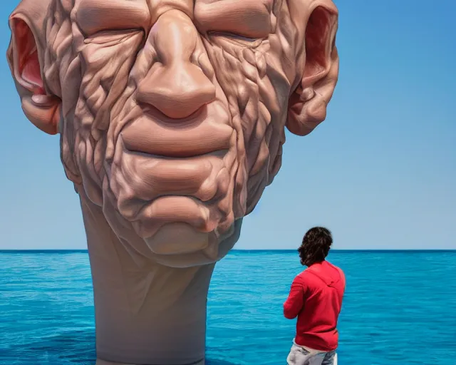 Prompt: a long shot of a giant award winning sculpture of a human head made out of inflatable toys on the surface of the ocean, in the style of chad knight, hyper detailed, hyper realistic, ray tracing, 8 k resolution, sharp focus, realistic water