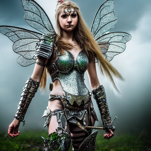 Image similar to full length photo of a fairy warrior wearing sparkly armour, highly detailed, 4 k, hdr, smooth, sharp focus, high resolution, award - winning photo