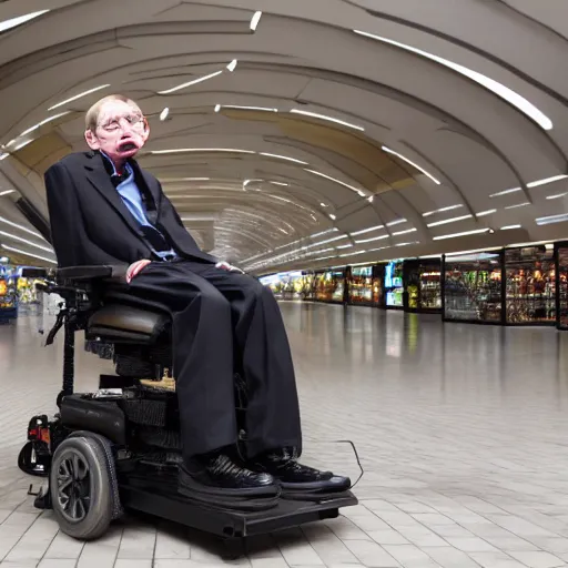 Image similar to Stephen Hawking getting lost in the mall, photography, high resolution 8k,
