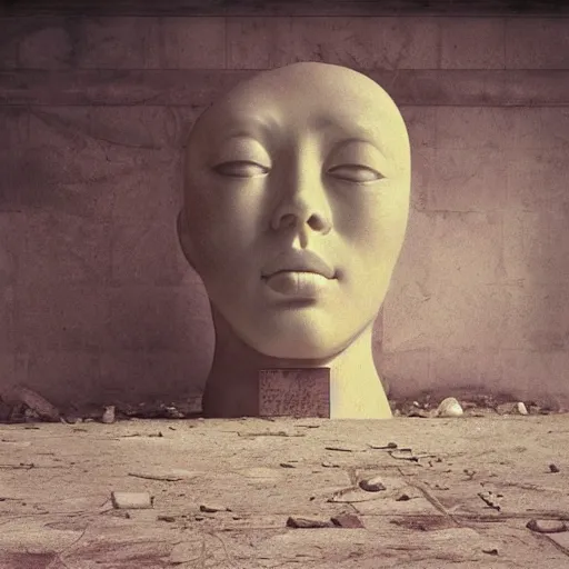 Image similar to the ego separates, hyperrealistic surrealism, dreamscape, artgerm, award winning masterpiece with incredible details, zhang kechun, a surreal vaporwave vaporwave vaporwave vaporwave vaporwave painting by thomas cole of a gigantic broken mannequin head sculpture in ruins, astronaut lost in liminal space, highly detailed, trending on artstation
