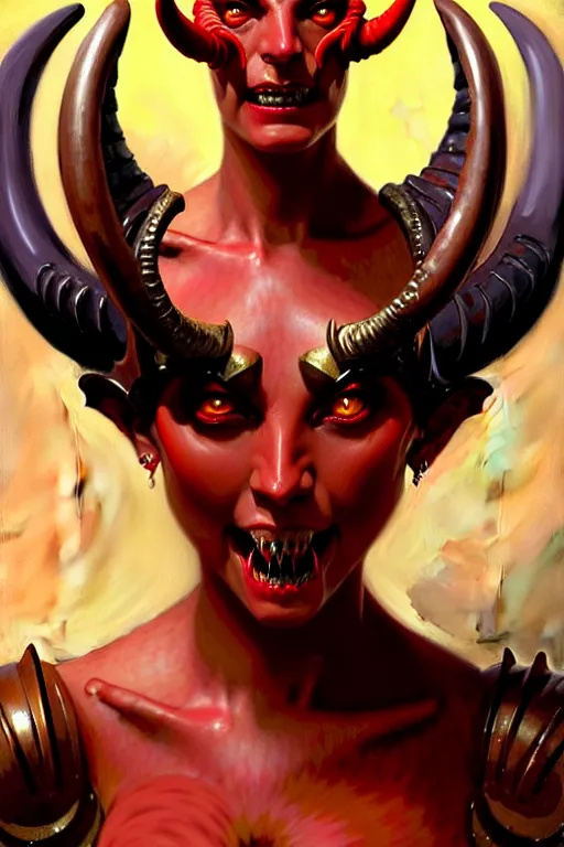 Image similar to painted close - up portrait of a very attractive red - skinned intimidating demon alien - cyborg queen with ram horns! oil painting, wearing a noblewoman's outfit, fantasy art by john singer sargent and gaston bussiere and james jean and greg rutkowski, demon noble character design, hd