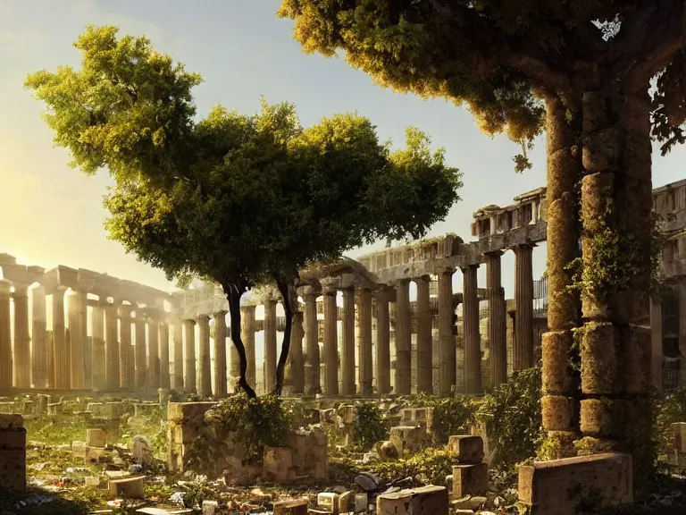 Prompt: tree growing in ancient greek ruins, gray wasteland, many scrap cars, plastic waste, rubble, pillars, flowers, vines, hyperrealistic, highly detailed, cinematic, single ray of golden sunlight, beautiful, cgssociety, artstation, 8 k, oil painting by greg rutkowski, by artgerm, by wlop