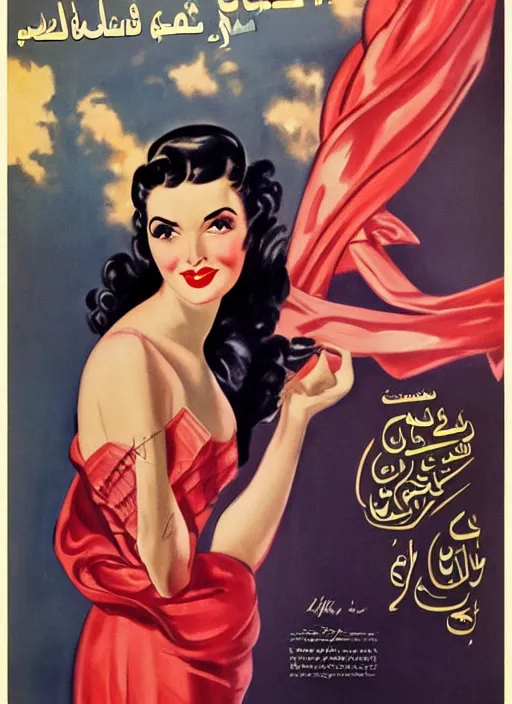 Image similar to beautiful and glamorous arab black-haired woman, 1940s propaganda poster, full hd,highly detailed