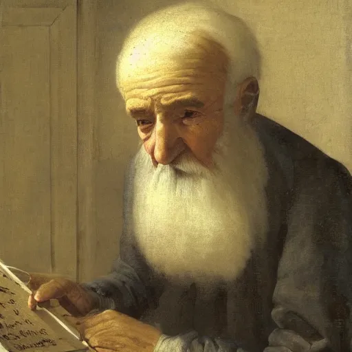 Prompt: a matte oil painting, baroque, wistful old man stares at an empty page, longing desparate expression,