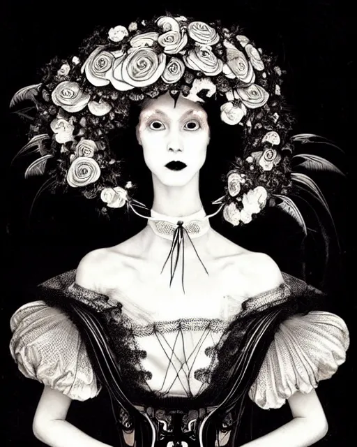 Image similar to dreamy surreal poetic black and white lithography of a beautiful young porcelain female-cyborg-vegetal with a very long neck and a super big gothic lace collar filled with dead flies and a very high big floral crown with many black dry roses by Vivienne Westwood:: smoke, high fashion, haute couture, rococo, avant-garde, elegant, dreamy, hyper realistic, 150 mm lens, soft rim light, octane render, unreal engine, volumetric lighting, dramatic light,8k,