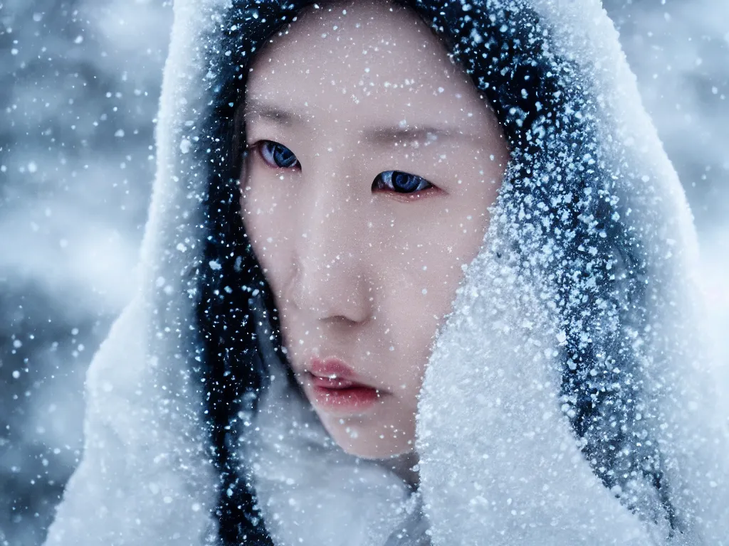 Prompt: the piercing stare of yuki onna, snowstorm, blizzard, mountain snow, canon eos r 6, bokeh, outline glow, asymmetric beauty, billowing cape, blue skin, centered, rule of thirds