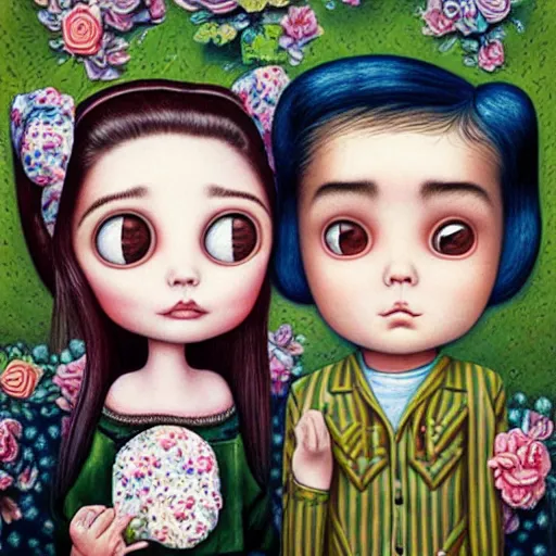 Image similar to a couple and their child portrait, living room wall background, lowbrow art, by Mark Ryden and Hikari Shimoda