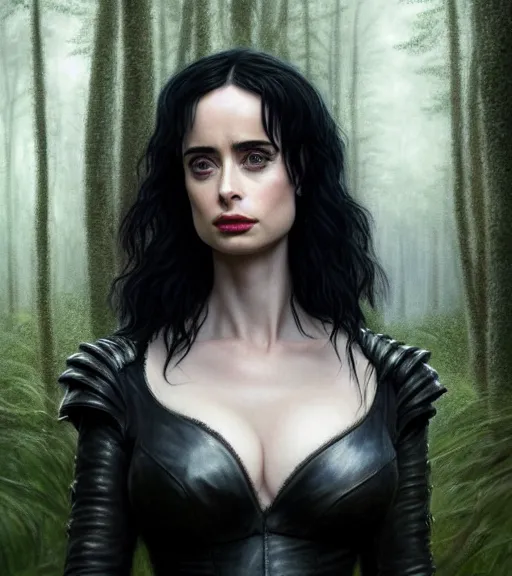 Image similar to 5 5 mm close up portrait photo of krysten ritter as yennefer of vengerberg in black leather armor and black hair, in a forest. magical atmosphere. art by greg rutkowski. lifelike. very detailed 8 k. intricate. soft light. nikon d 8 5 0.