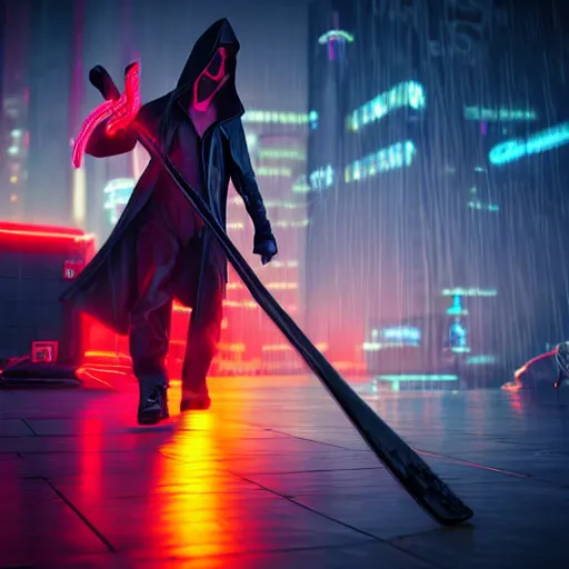 Image similar to hyper realistic neon grimm reaper holding a scythe, photorealistic cinematic render, octane render, cyberpunk graveyard with fog atmosphere