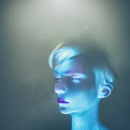 Image similar to coloured atmospheric photo of a realistic banshee transparent smoky in a interior of living room flashlight light