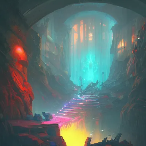 Prompt: psychedelic cyberpunk entrance to Mount Olympus, magical atmosphere, by Renato muccillo and Andreas Rocha and Johanna Rupprecht, trending on artstation, dofus colors, wakfu colors,