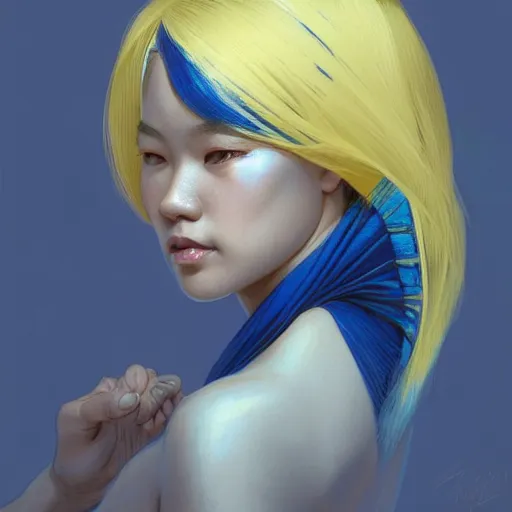 Prompt: filipino girl blue - yellow hair nasal strip, intricate, elegant, highly detailed, my rendition, digital painting, artstation, concept art, smooth, sharp focus, illustration, art by artgerm and greg rutkowski and alphonse mucha and uang guangjian and gil elvgren and sachin teng, symmetry!!