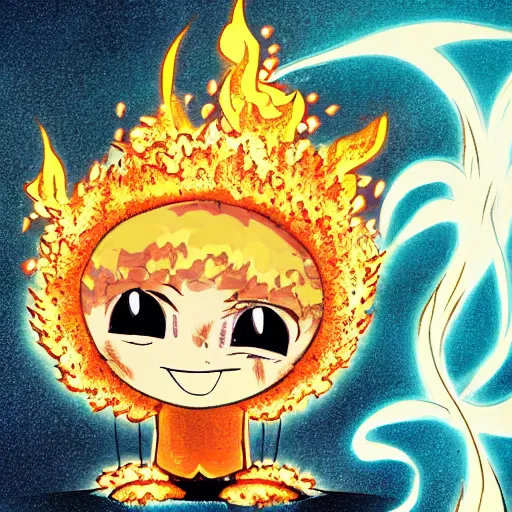 Image similar to fluffy exploding popcorn elemental spirit, in the style of a manga character, with a smiling face and flames for hair, sitting on a lotus flower, clean composition, symmetrical