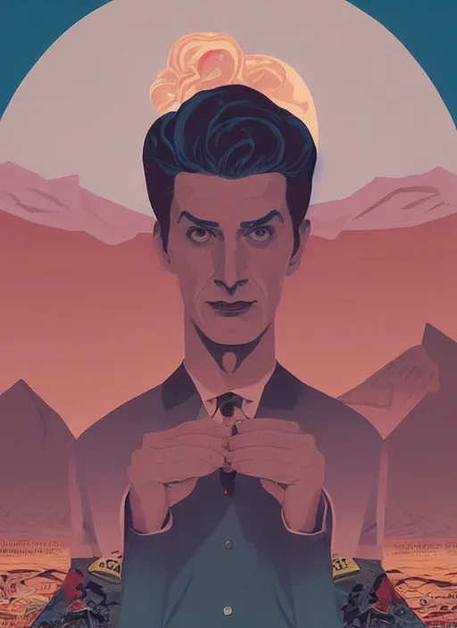 Prompt: Twin Peaks poster artwork by Michael Whelan and Tomer Hanuka, Karol Bak of portrait of teenage dream, from scene from Twin Peaks, clean, simple illustration, nostalgic, domestic
