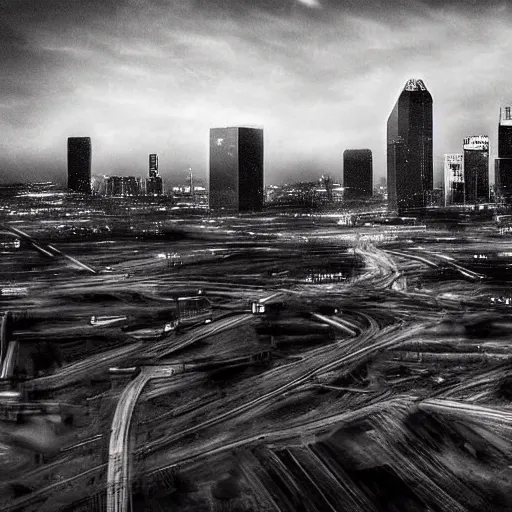 Image similar to dystopian and bleak Dallas skyline, bladerunner 2049 cyberpunk style, highly detailed photograph