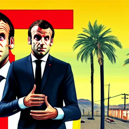 Image similar to emmanuel macron in a gta v cover art by stephen bliss