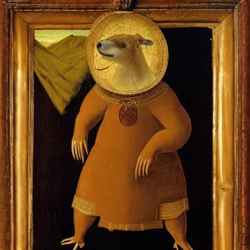 Image similar to a capybara wearing medieval clothes on a black background in a renaissance painting