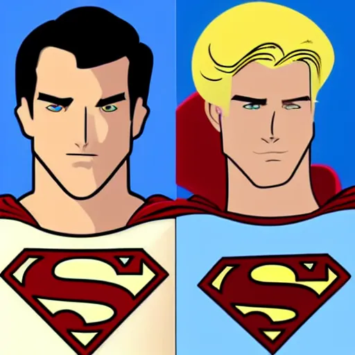 Image similar to superman with a thin jaw line and a thin nose, he have blond hair and two sides hair