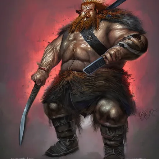 Image similar to masterpiece digital painting portrait of gotrek! ( troll slayer dwarf ) yelling, frenzy, punk hair style, red hair, epic, cinematic lights, huge axe, by boris vallejo and samwise didier, warhammer battle, artstation, pinterest, unreal engine render, 8 k, detailed