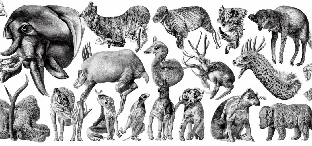 Image similar to animals and plants on a white background, high detail Illustration, Anatomical Drawing, Painting