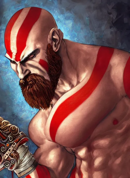 Prompt: portrait of a psychedelic kratos from god of war, digital painting masterpiece, advanced lighting technology, stylized yet realistic anatomy and face, gorgeous, by reiq and bengus and akiman and shigenori soejima and bastien vives and balak and michael sanlaville and jamie hewlett, 4 k wallpaper, cinematic, gorgeous brush strokes, coherent and smooth