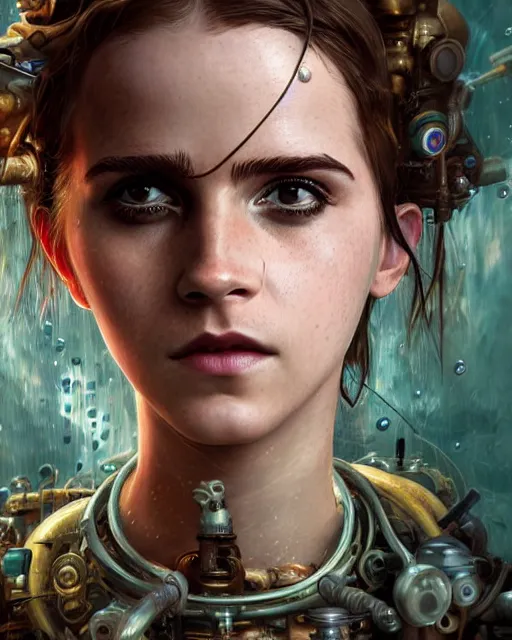 Image similar to underwater steampunk biopunk portrait of emma watson, au naturel, hyper detailed, digital art, trending in artstation, cinematic lighting, studio quality, smooth render, unreal engine 5 rendered, octane rendered, art style by klimt and nixeu and ian sprigger and wlop and krenz cushart.