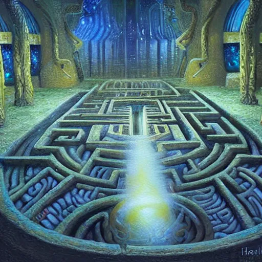 Prompt: a hyper realistic painting of an alien labyrinth, by ralph horsley, highly detailed, vivid color,