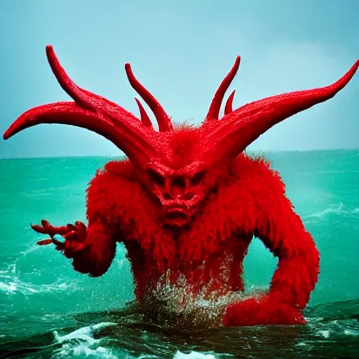 Prompt: a devilish red monster with horns emerging from boiling rough seas, photo by david lachapelle, s - 5 0