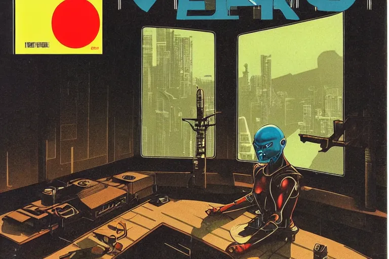 Image similar to 1979 Magazine Cover of an argonian mage sitting on a desk with a large circular window to neo-Tokyo streets behind him. in cyberpunk style by Vincent Di Fate