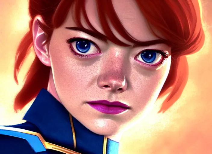 Image similar to a disney film still of emma stone as a star trek officer, finely detailed features, closeup of the face, perfect art, dusk, blue hour, gapmoe yandere grimdark, trending on pixiv fanbox, painted by greg rutkowski, makoto shinkai, takashi takeuchi, alphonse mucha, akihiko yoshida