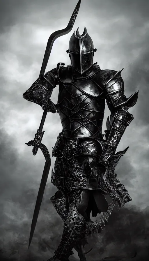 Prompt: portrait of gothic knight wearing black dragon helmet, dark misty background, holding gigantic straight sword, detailed, realistic photography