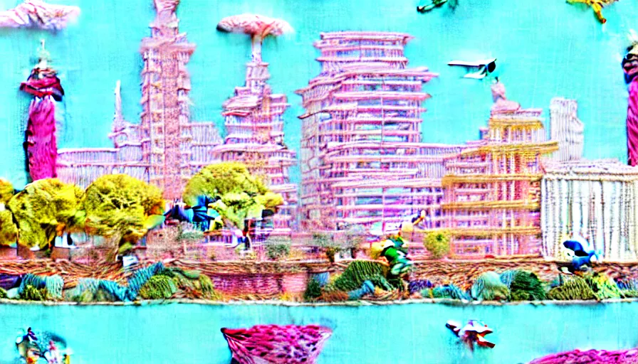 Prompt: building along a river, seen from the long distance. maximalist paper and embroidery fabric collage. huge flamish baroque birds flying. highly detailed childrenbook illustration in interesting unusual pastel tones. matte background.