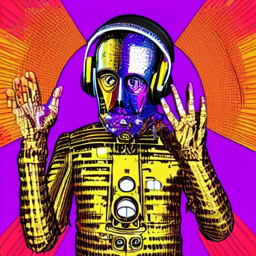 Image similar to artgerm, psychedelic laughing c 3 p 0, rocking out, headphones dj rave, digital artwork, r. crumb, svg vector