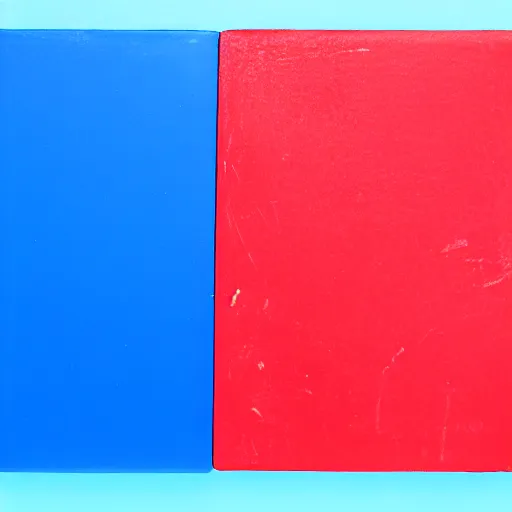 Image similar to A red block on a blue block on a table