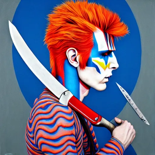 Prompt: Ziggy Stardust holding a Bowie knife, james jean, masterpiece