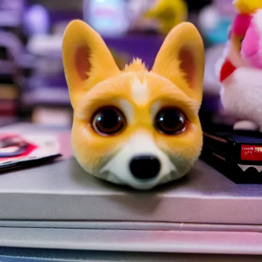 Image similar to photograph of a corgi furby toy on a store shelf