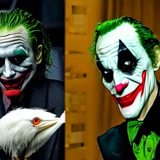 Image similar to The Joker in the dark knight wearing a latex shoebill stork mask