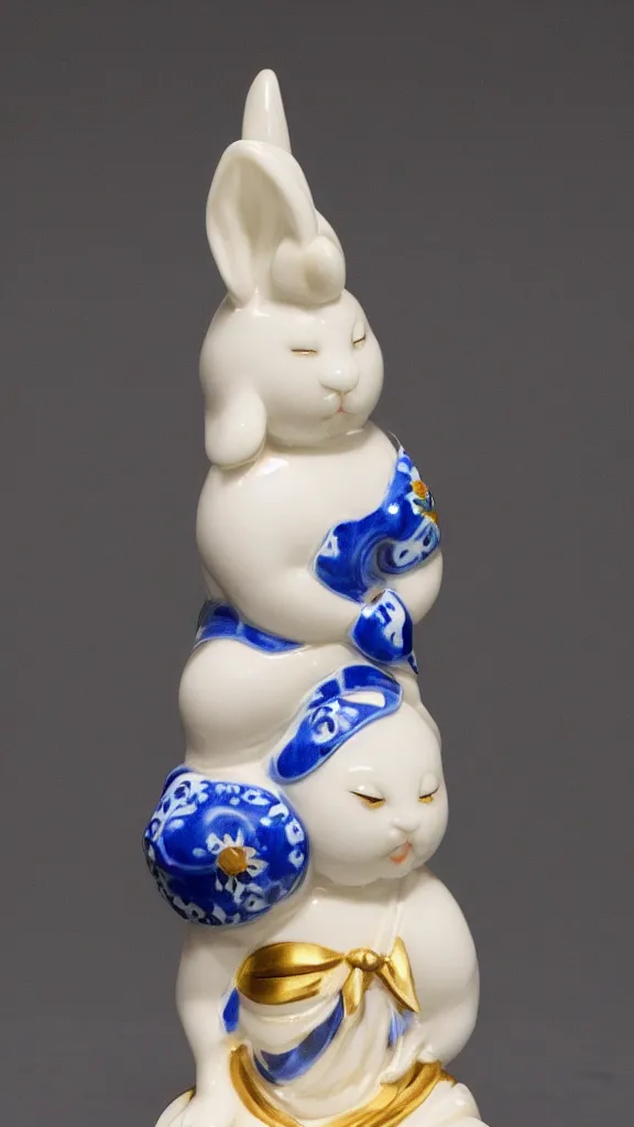 Image similar to porcelain rabbit head budda statue with blue arabesque details get a japanese kiseru in her hand painted by john singer sargent