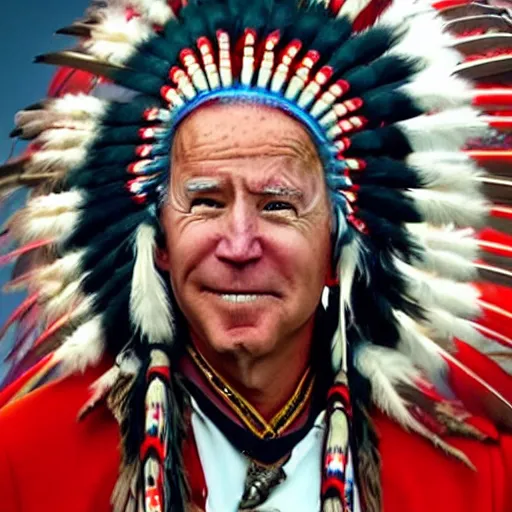 Prompt: Joe Biden as a Native American, wearing Native American headdress