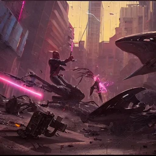 Image similar to mace windu fighting a group of pterodactyls in a destroyed cyberpunk city shooting lasers by greg rutkowski