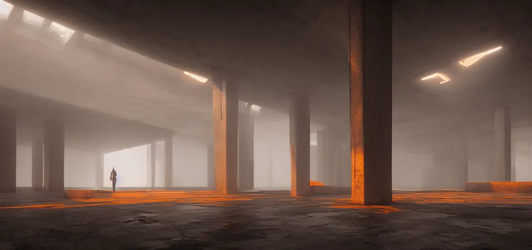 Image similar to dramatic view of empty brutalist underground structure, giant towering pillars, orange fog, unreal engine, dramatic lighting, detailed, ambient occlusion, global illumination, god rays, 3 d artstation render by greg rutowski and jessica rossier