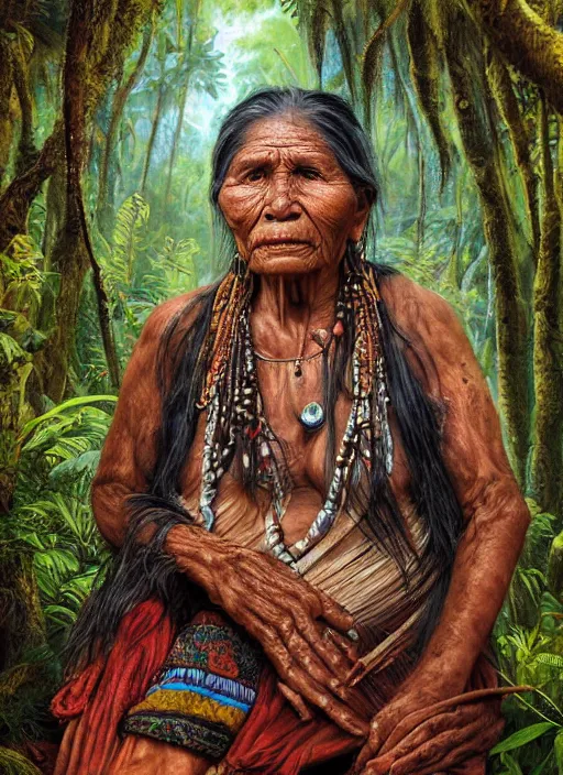 Image similar to a beautiful painting portrait of a very old indigenous grand-mother in the amazon jungle, matte painting, fantasy art, ayahuasca, highly detailed