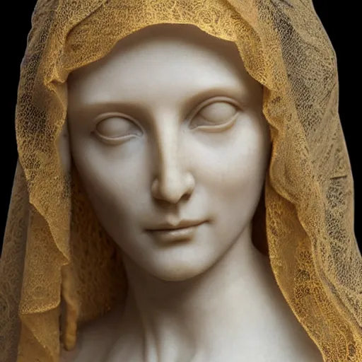 Image similar to a marble sculpture of the veiled virgin , !face, !female, covered in intricate !detailed golden streaked !!sheer !!!!!veil , physically based rendering, photo realistic, top light , dark background