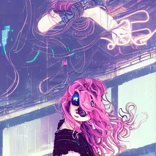 Image similar to portrait of a grungy cyberpunk anime in magic pose, very cute, by super ss, cyberpunk fashion, curly pink hair, night sky by wlop, james jean, victo ngai, muted colors, highly detailed