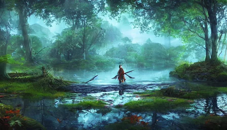 Prompt: sword stuck in a pond island, rainy enchanted forest of the ancients, moody high exposure, vibrant deep saturated colors, digital painting, concept art, highly detailed, visual novel, by noah fowkes