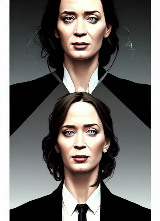 Prompt: portrait of emily blunt as business woman, black suit, white shirt, black tie, boss, intricate, headshot, highly detailed, digital painting, artstation, concept art, sharp focus, cinematic lighting, illustration, art by artgerm and greg rutkowski, alphonse mucha, cgsociety