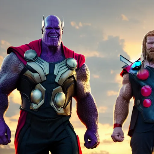 Prompt: a corporate portrait of thanos and thor