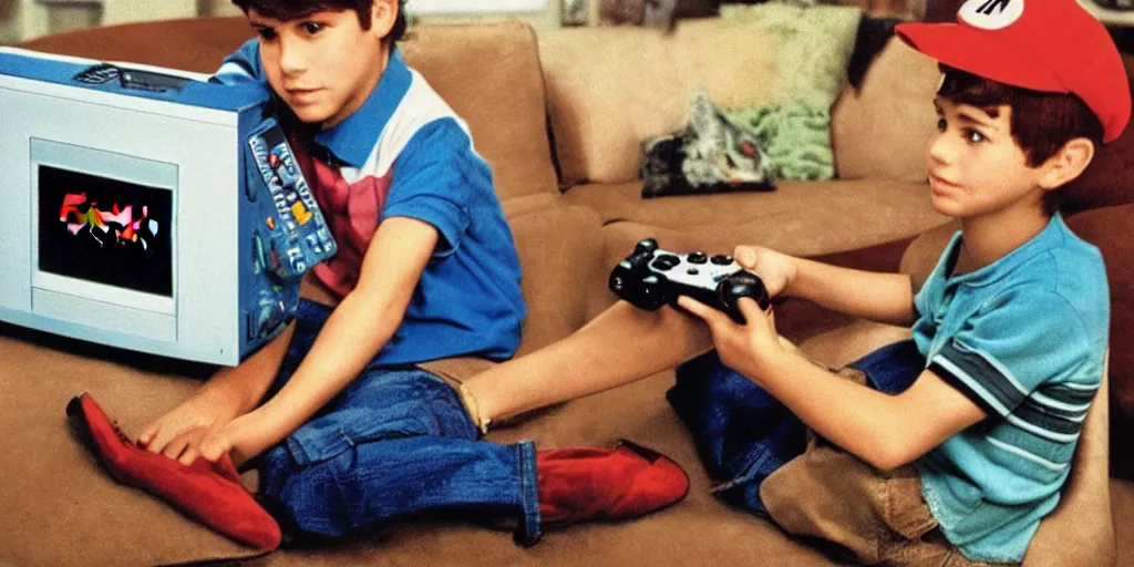 Prompt: boy playing nintendo in the 80\'s